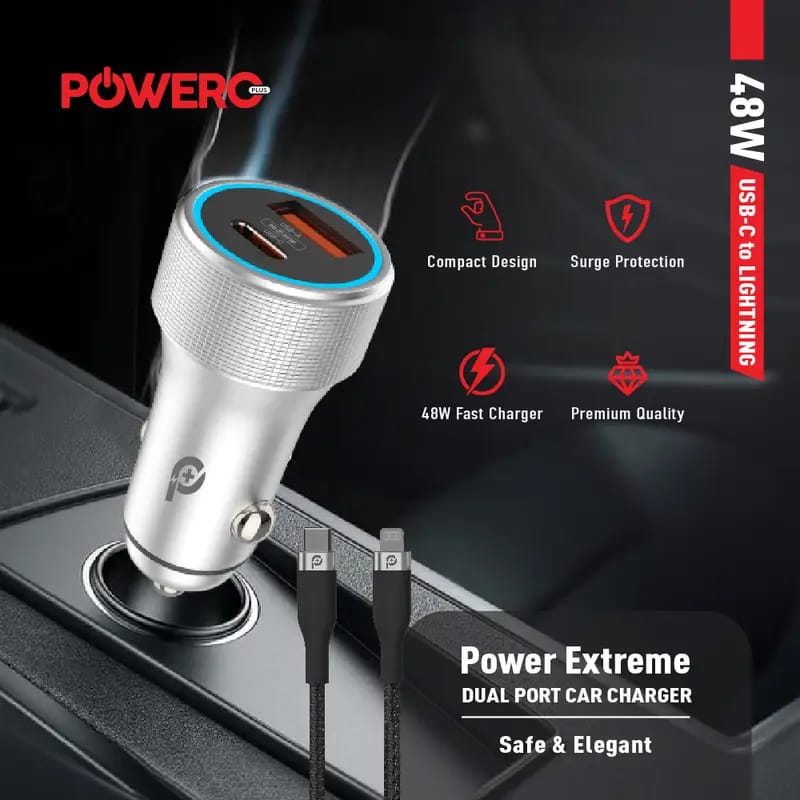 Powero+ Extreme Dual Port Car Charger with Type-C to Lightning Cable