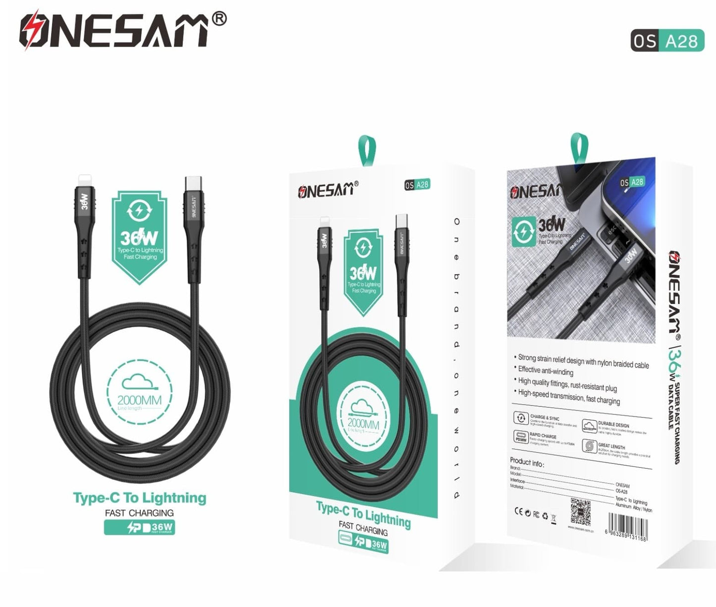 Onesam 36W Type C to Lightning Cable 2Meter OS-A28