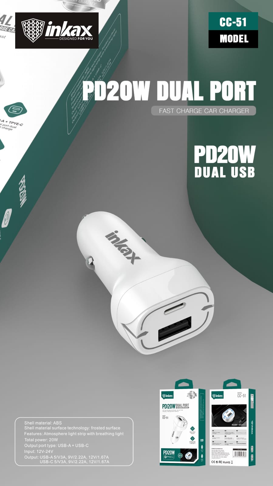 Inkax PD20W Dual Port Fast Charge Car Charger CC-51