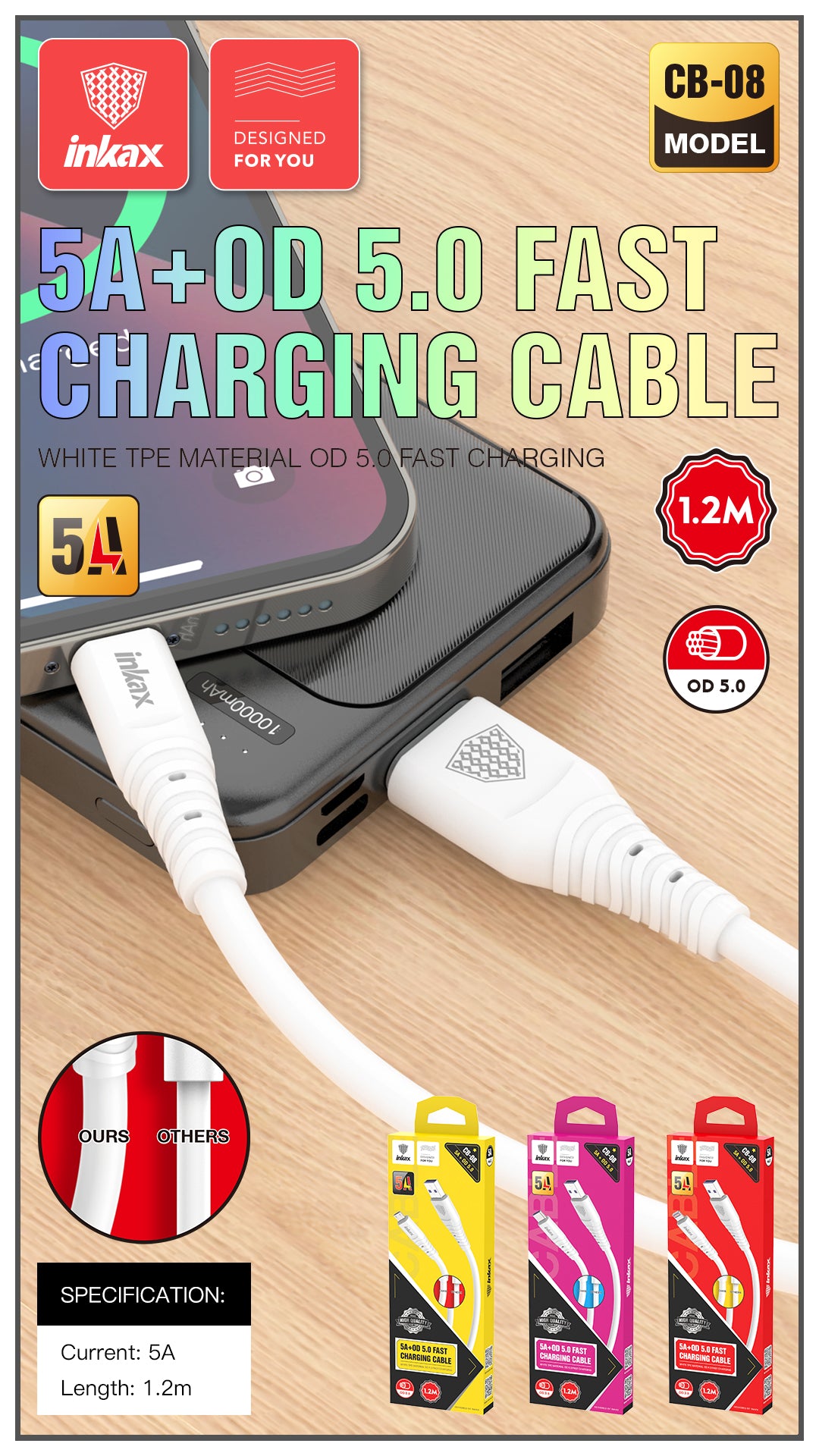 Inkax USB-A to Lightning 5A 1.2M Cable CB-08