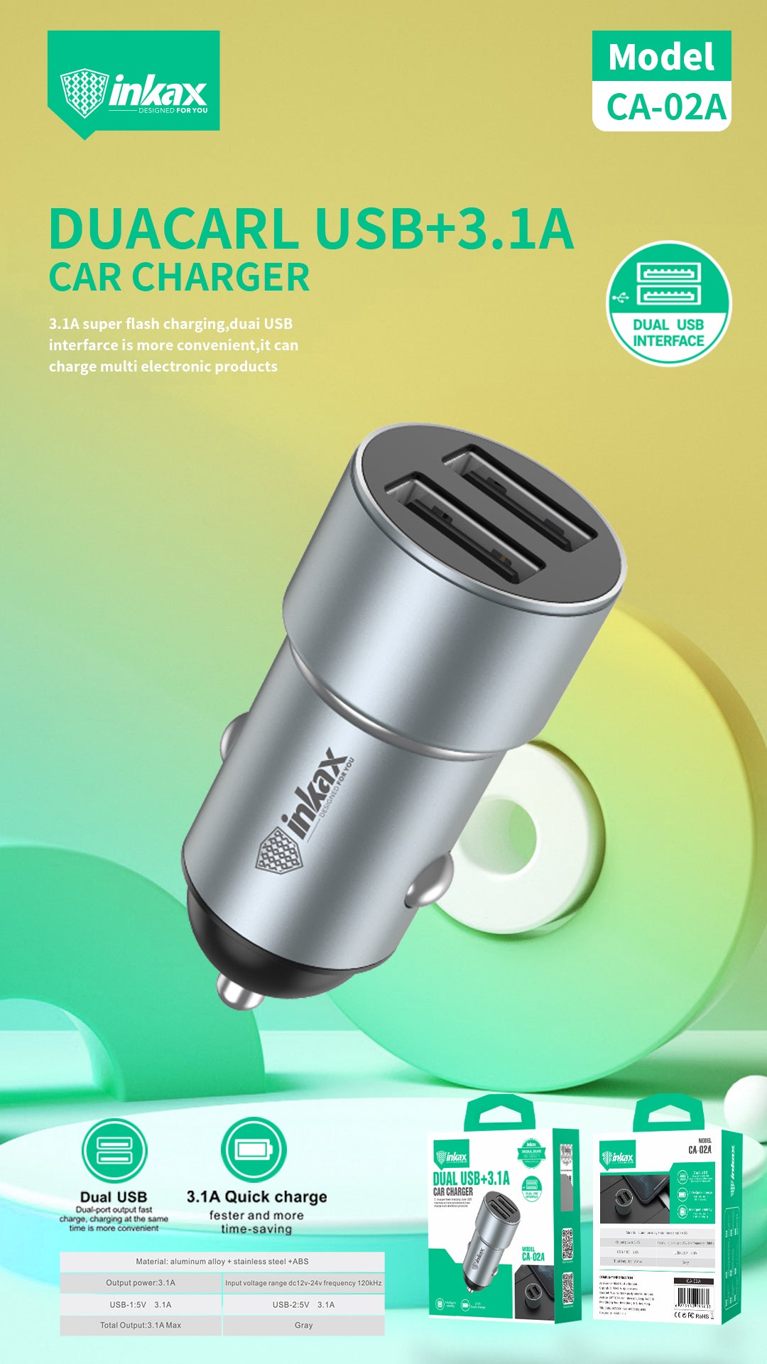 Inkax CA-04 15W 3.1A Dual USB Quick Car Charger With Lightning Cable