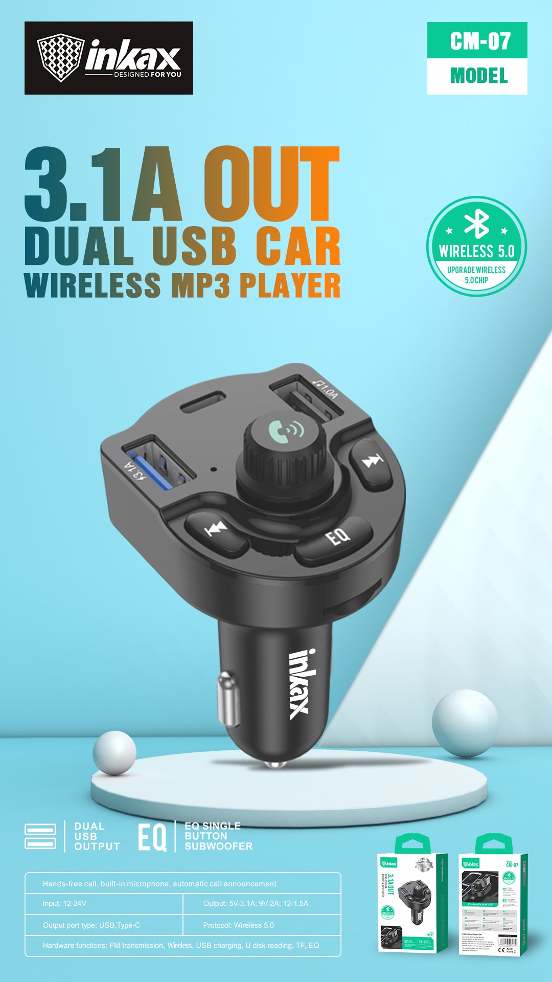 Inkax MP3 3.1A 2 USB-A+1 Type C Car Charger