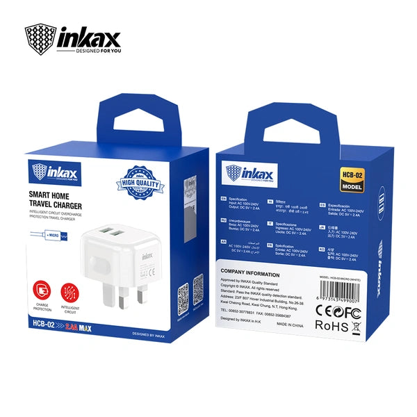 Inkax UK Pin 2.4A Dual USB Home Charger With Micro Cable