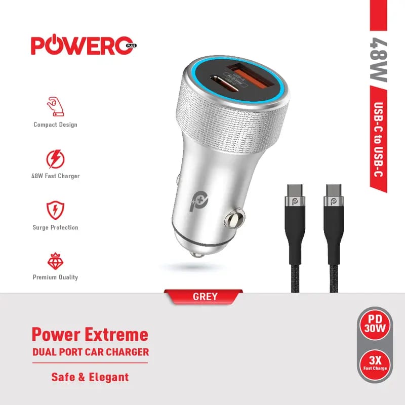 Powero+ Extreme Dual Port Car Charger with Type C Cable 48W