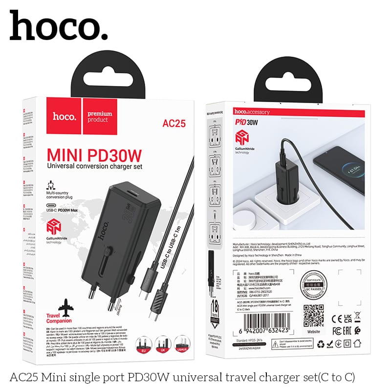 HOCO Universal Portable Travel Plug with USB C to C Cable AC25