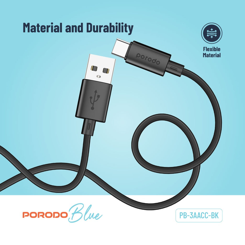 Porodo Blue 3A USB A to Type C PVC Cable 1.2M