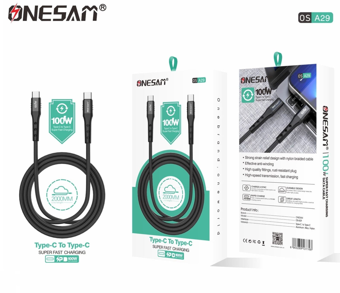 Onesam 100W Type C to Type C Cable 2Meter OS-A29