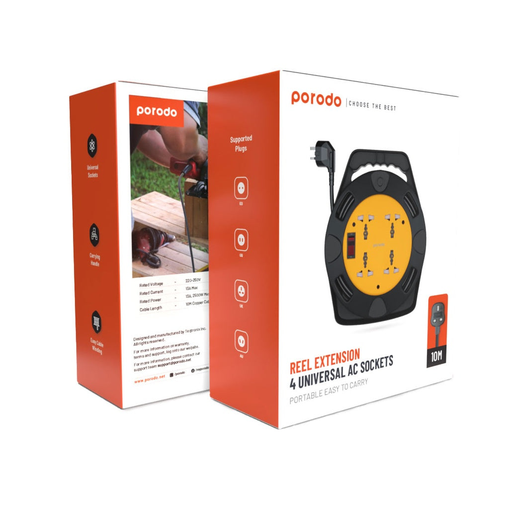 Porodo 4AC Extension Cable Reel 10m Wire