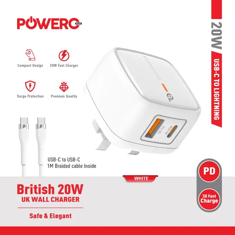 Powero+ British 20W Charger with Type C to Type C Cable
