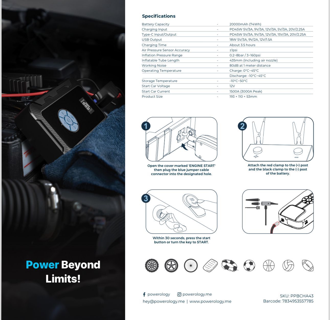 Powerology 20000mAh Power Bank Jump Start Air Compressor