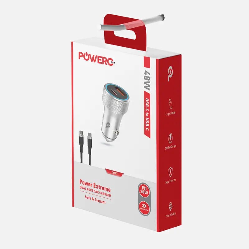 Powero+ Extreme Dual Port Car Charger with Type C Cable 48W