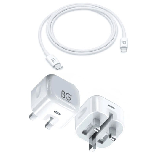 BG USB-C Home Charger Set With USB-C to lightning Cable - White