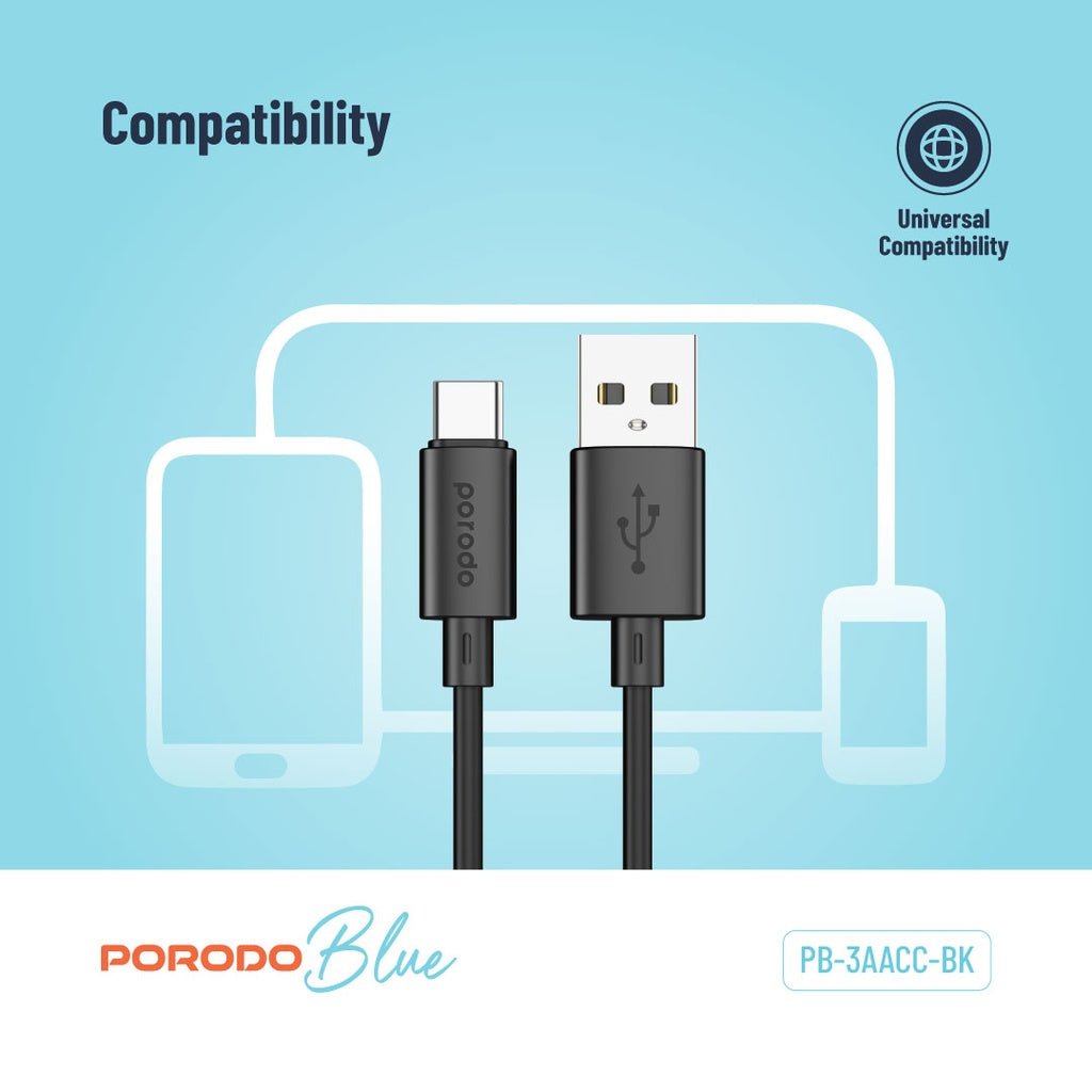 Porodo Blue 3A USB A to Type C PVC Cable 1.2M