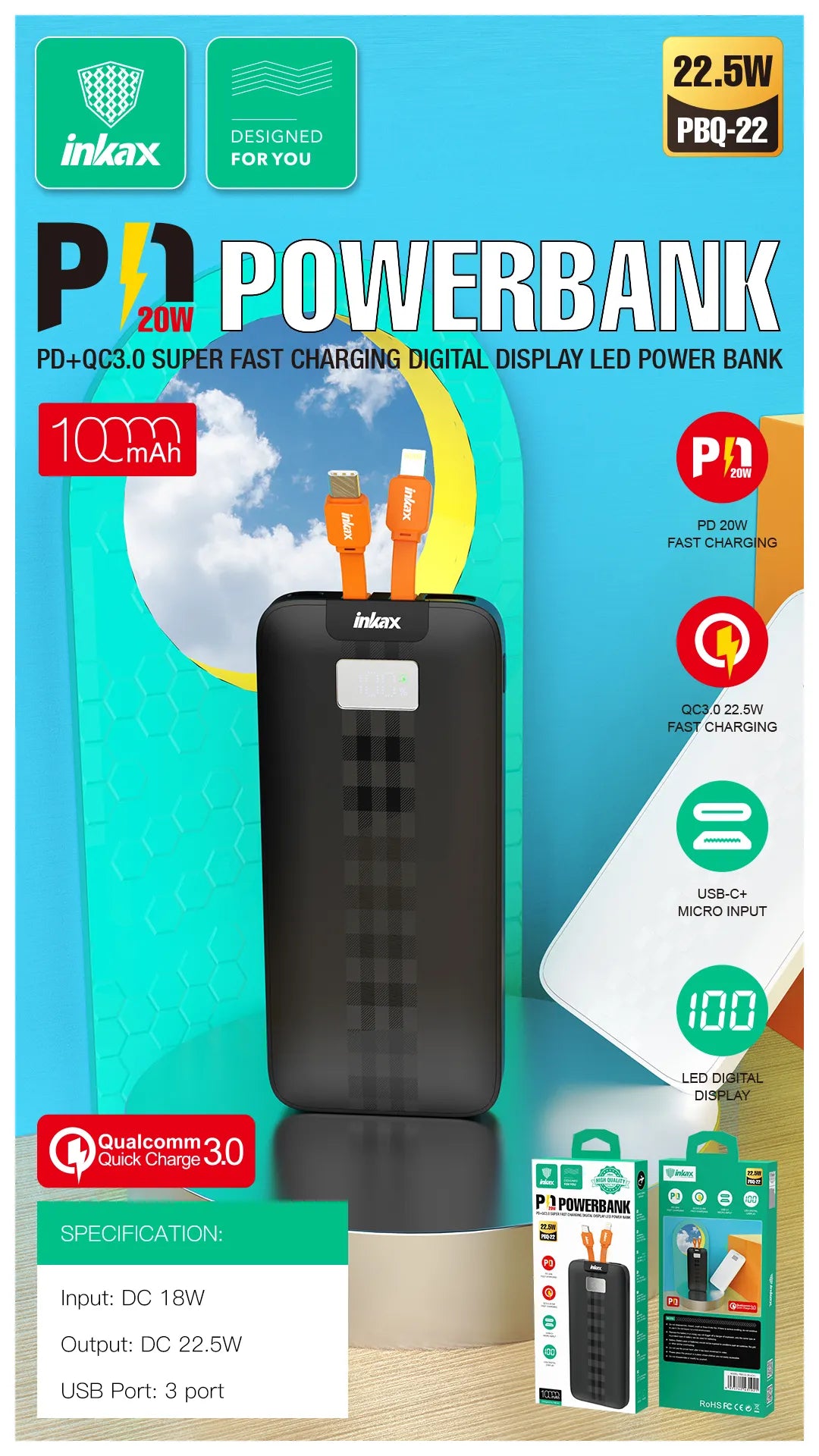 Inkax 10000mAh Power bank 20W Fast Charging PBQ-22