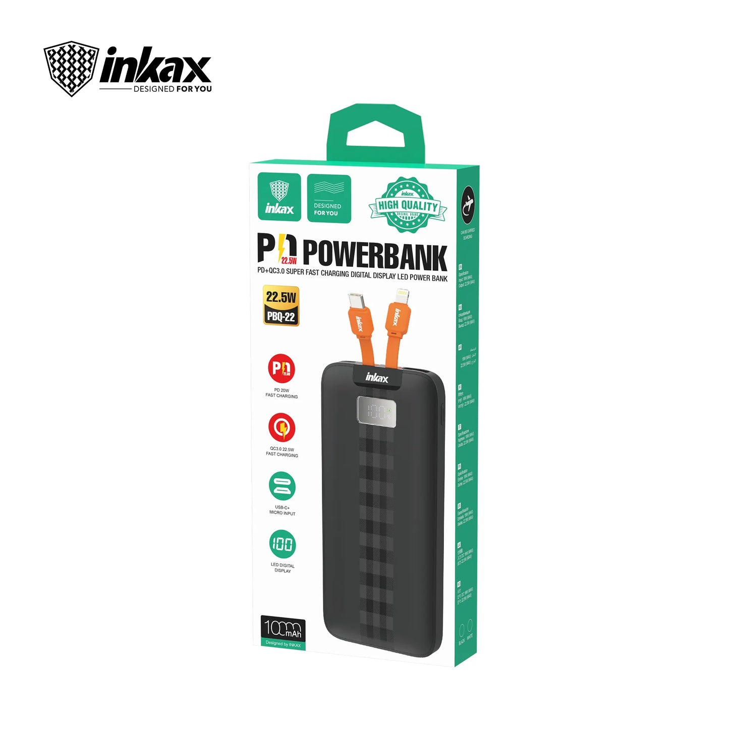 Inkax 10000mAh Power bank 20W Fast Charging - Black