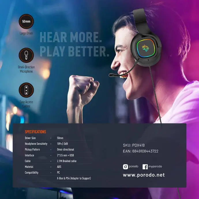 Porodo Gaming RGB Headphone with Detachable Microphone