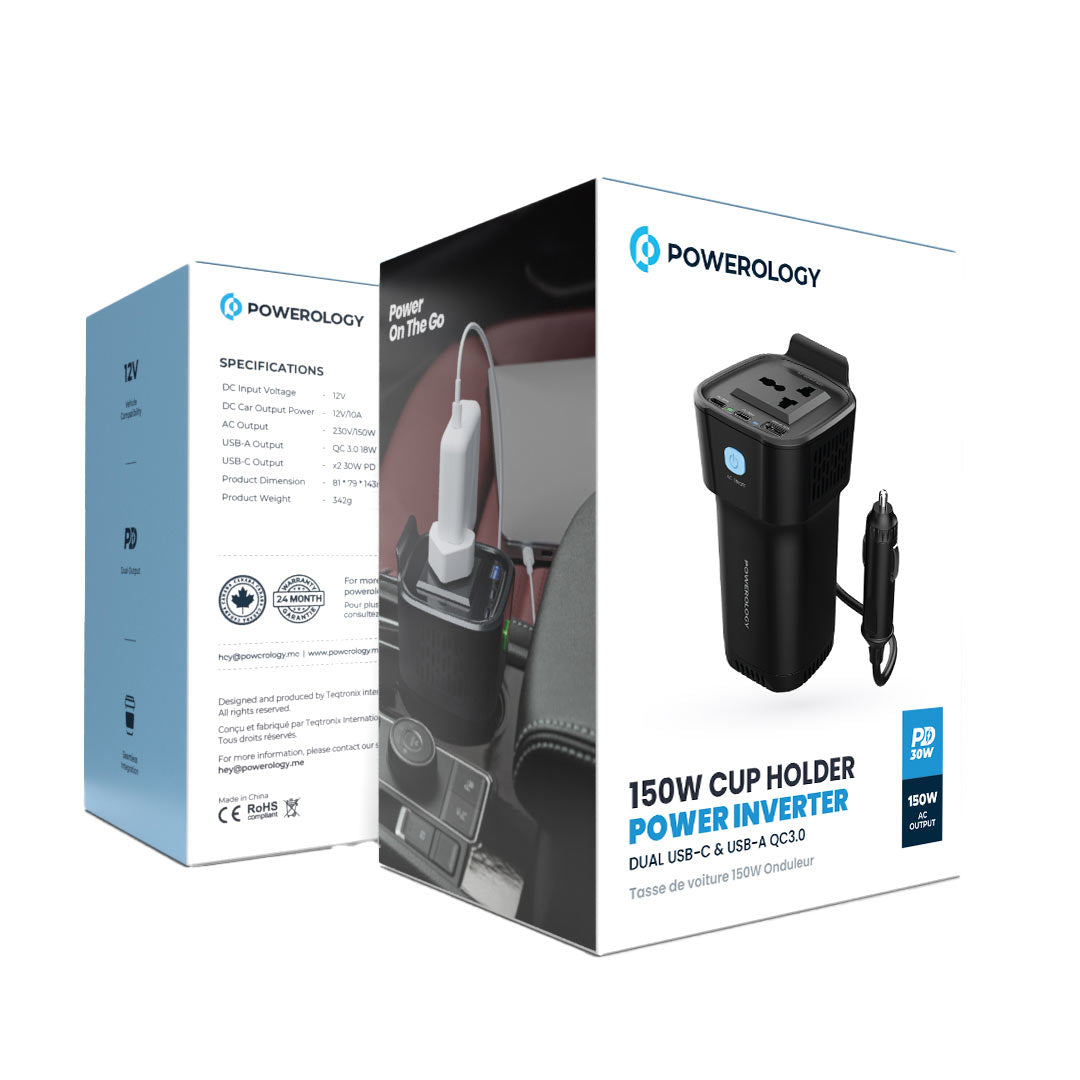 Powerology 150W Cup Holder Power Inverter USB-A , 2type-C , QC3.0
