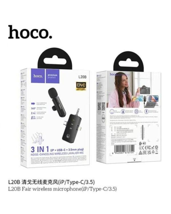 Hoco L20B 3-in-1 Noise Cancelling Wireless Lavalier Mic (IP / USB-C / 3.5MM)
