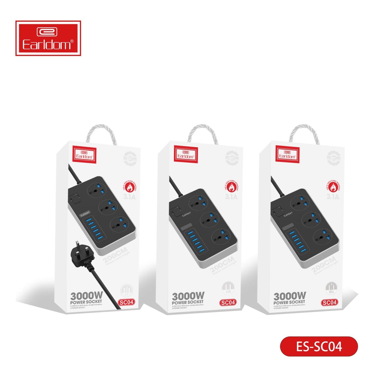 Earldom Power Extension with 3 AC Sockets and 6 USB Ports SC04
