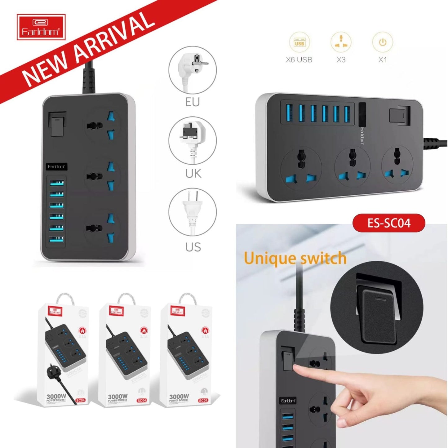 Earldom Power Extension with 3 AC Sockets and 6 USB Ports SC04
