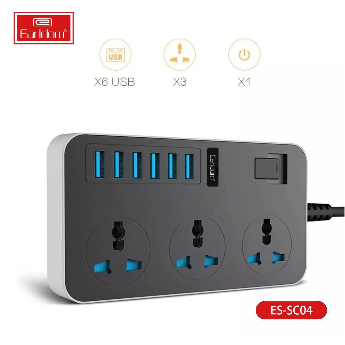 Earldom Power Extension with 3 AC Sockets and 6 USB Ports SC04