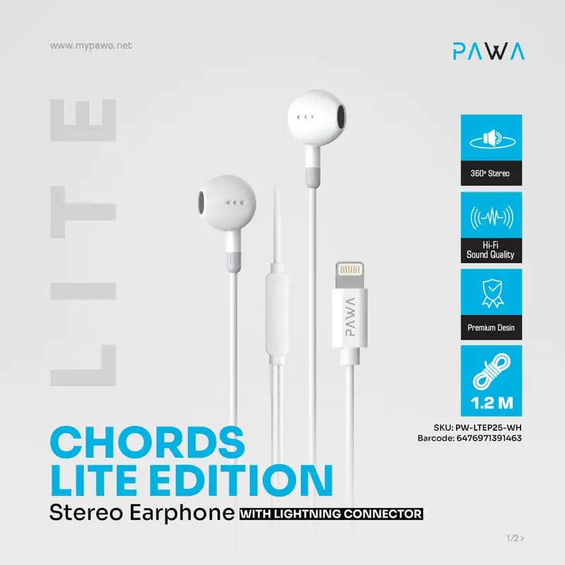 Pawa Chords Lite Edition Stereo Earphone With Lightning Connector