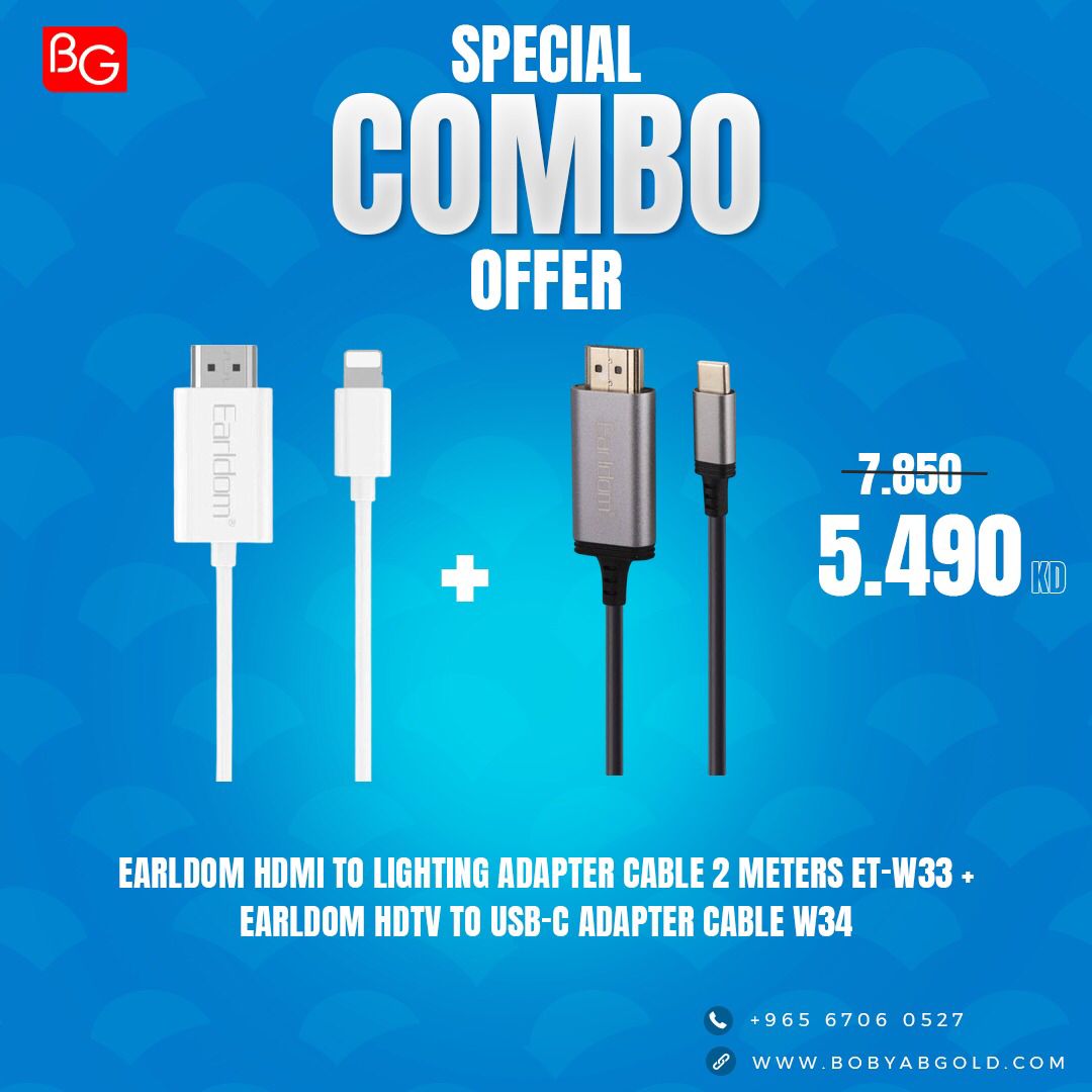 Earldom HDMI to Lighting adapter cable 2 meters ET-W33 + Earldom HDTV to USB-C Adapter Cable W34