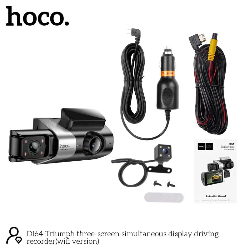 Hoco DI64 Triumph 3-Screen Wifi Dash Cam - Simultaneous Display Recorder