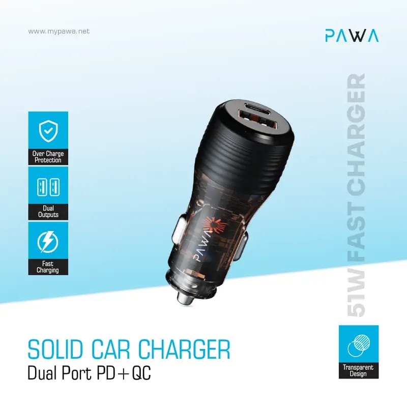 Pawa Solid Car Charger Dual Port PD+QC