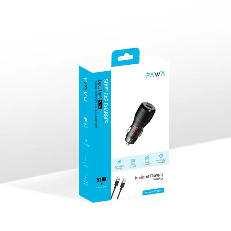 Pawa Solid Car Charger Dual Port PD+QC Includes Braided USB-C to Lightning Cable 30W