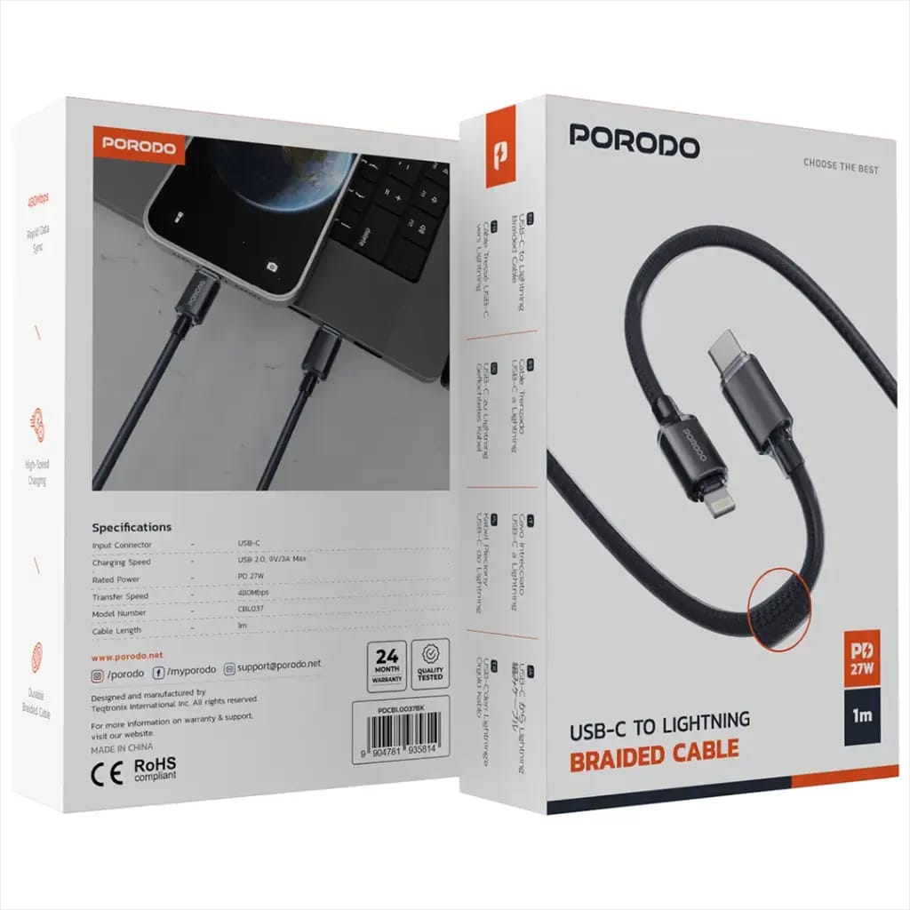 Porodo USB-C to Lightning Braided Cable