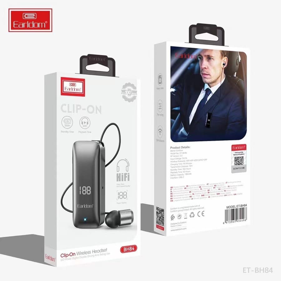 Earldom Clip-On One Ear Bluetooth Headset BH84