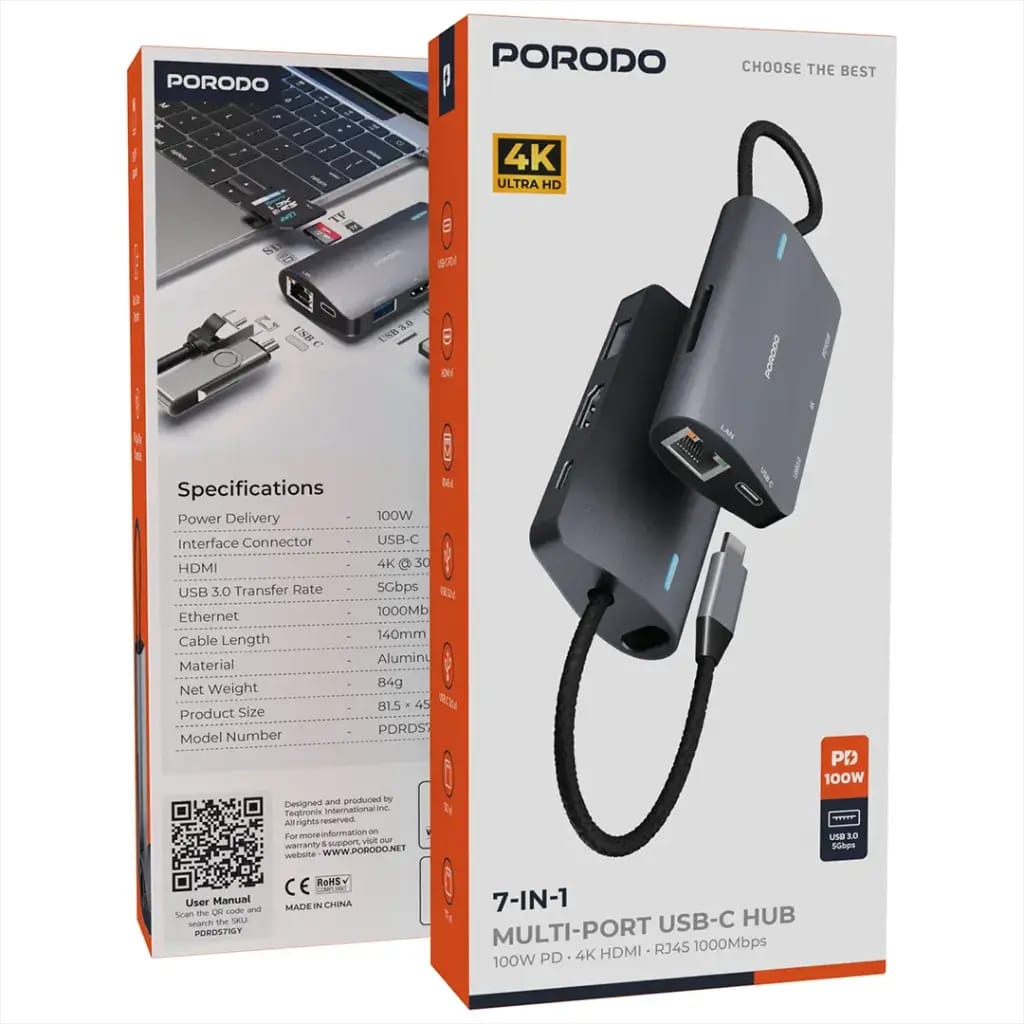 Porodo 7-IN-1 Multi Port USB-C Hub - Gray