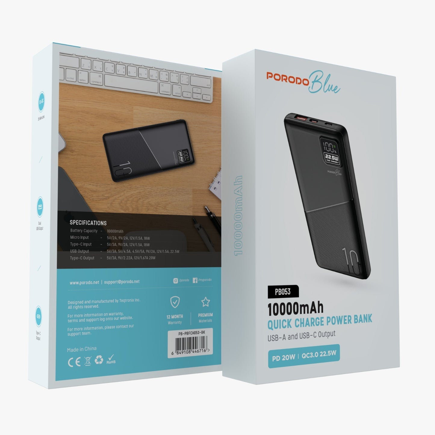 Porodo Blue 10000mAh Quick Charge Power Bank USB-A and USB-C Output