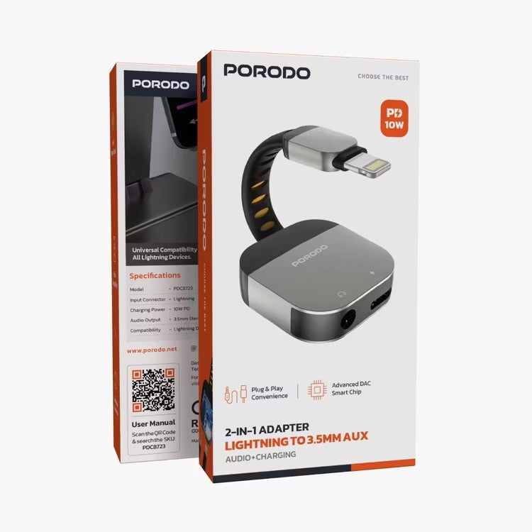 Porodo 2-In-1 Adapter Lightning To 3.5mm Aux Audio + Charging