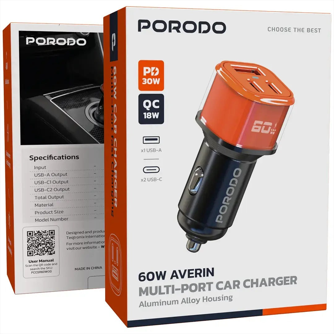 Porodo 60W Averin Multi-Port Car Charger with Aluminum Housing - Orange