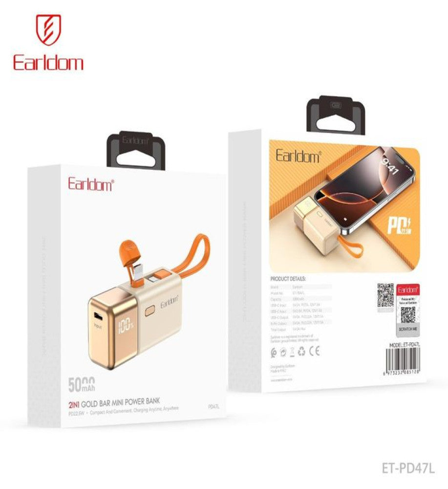 Earldom PD47 22.5W 2-in-1 Gold Bar Mini Power Bank with 5000mAh Capacity PD47L
