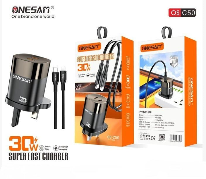 Onesam Dual-Port 30W Fast Charger (Type-C to Lightning) C50