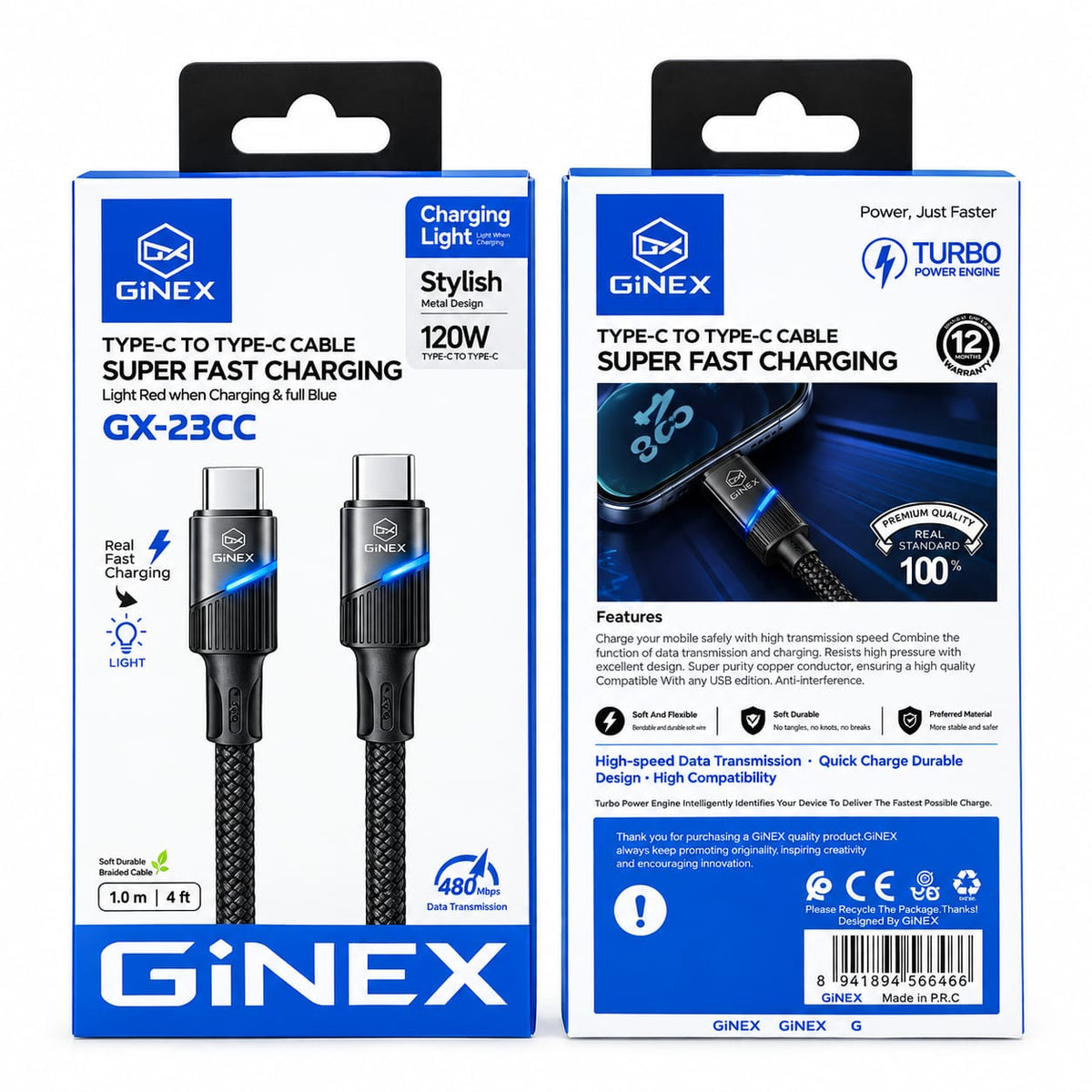 GiNEX Type-C to Type-C Cable – 120W Super Fast Charging GX-23CC