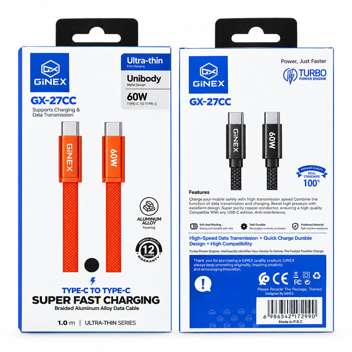 GiNEX Type-C to Type-C 60W Fast Charging Cable GX-27CC