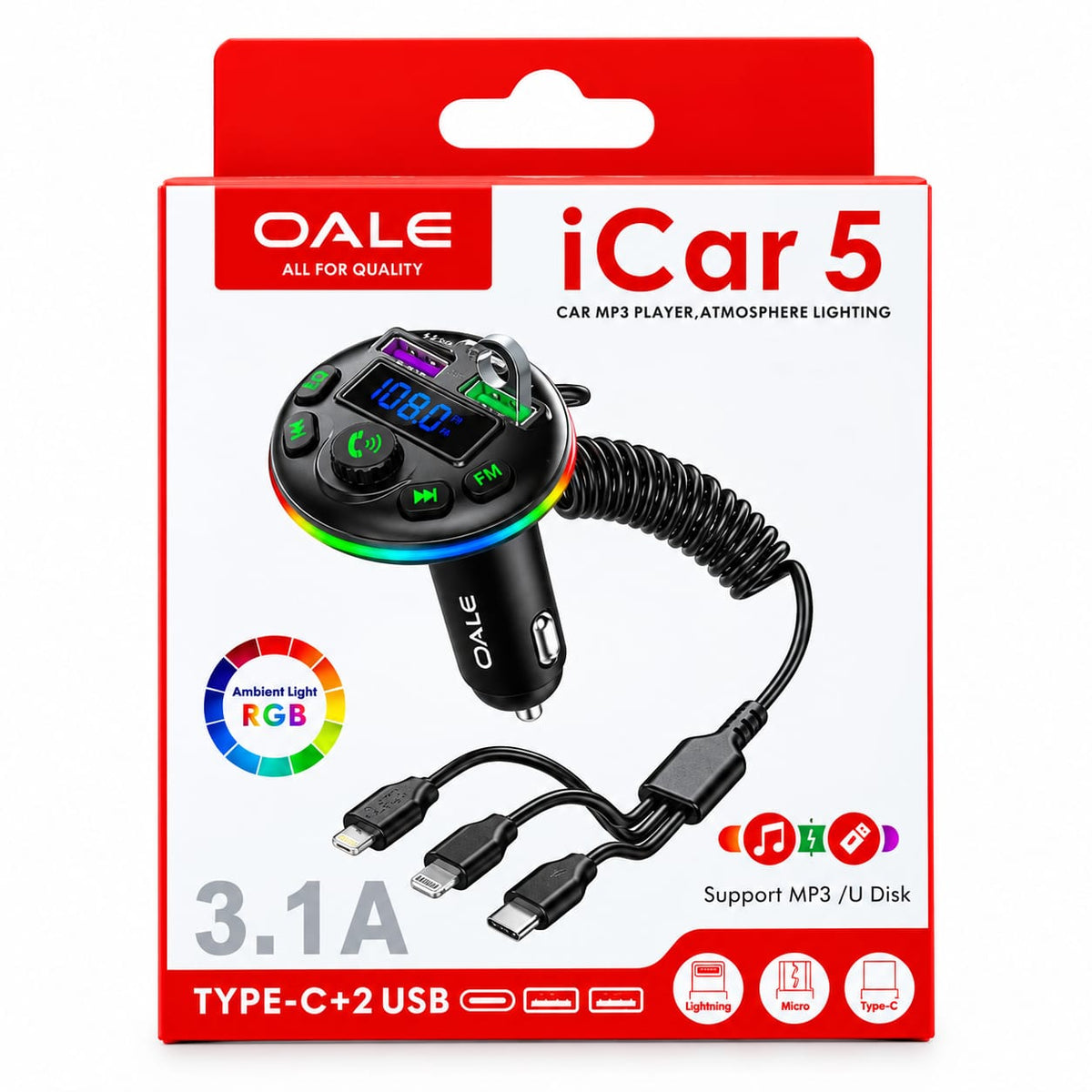 OALE iCar 5 Car MP3 Player – RGB Ambient Light & Fast Charger