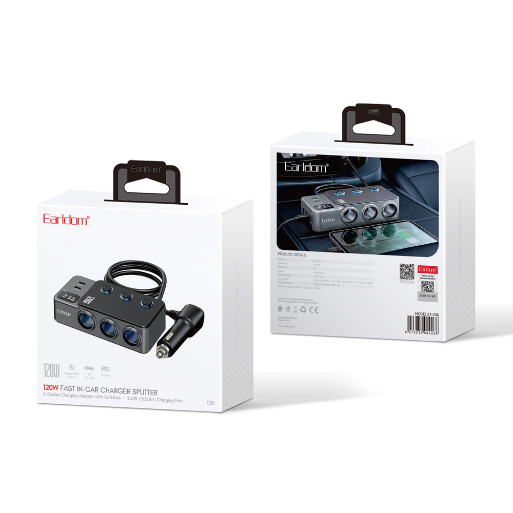 Earldom 120W Fast In-Car Charger Splitter CS6