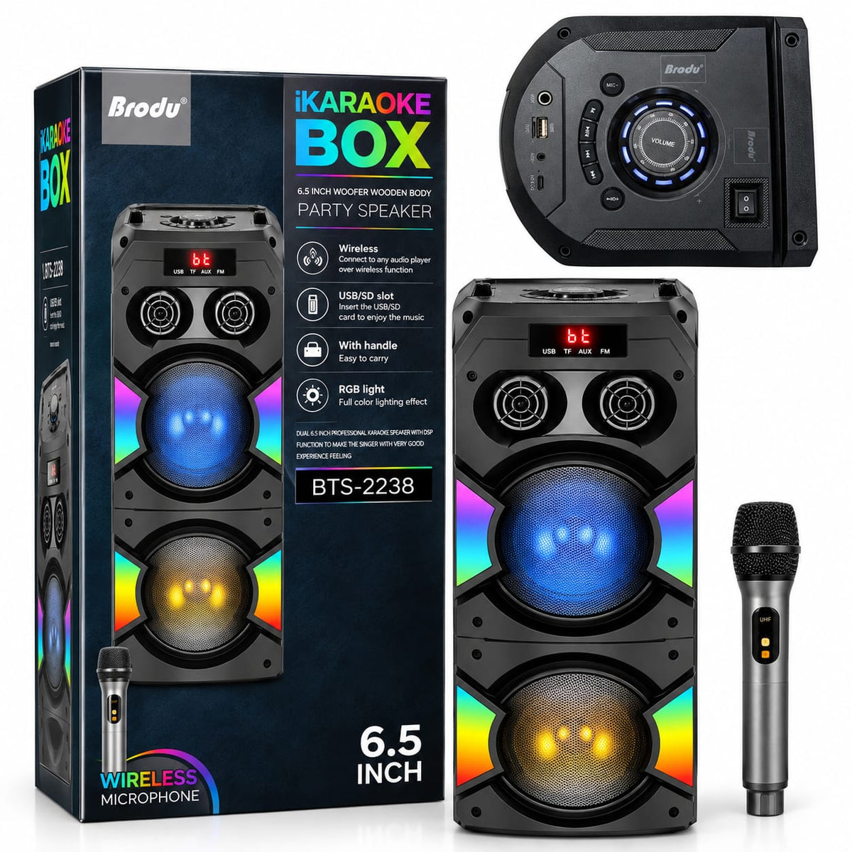 Brodu 6.5" Dual Woofer Karaoke Party Speaker with Wireless Microphone BTS-2238