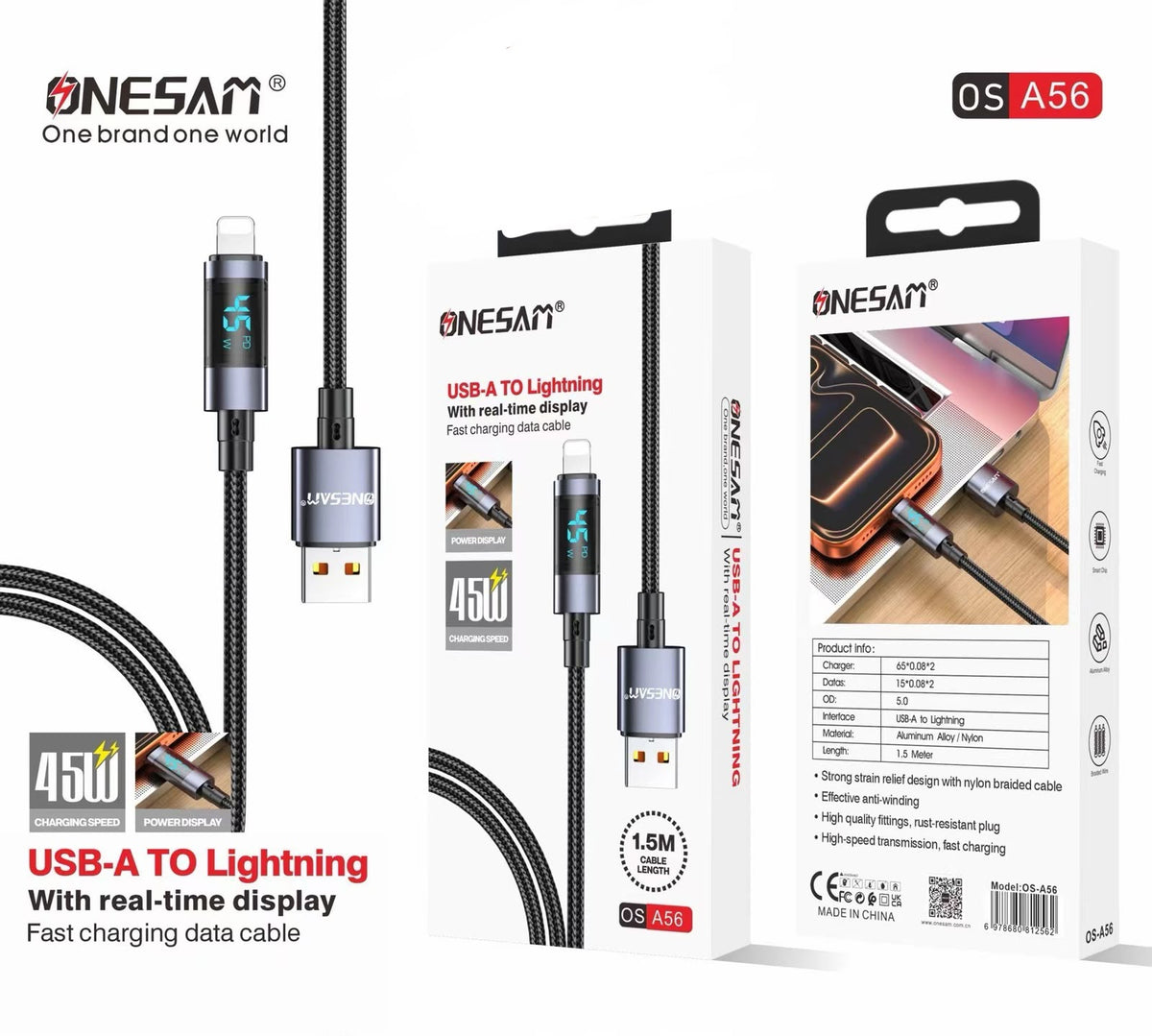 Onesam 45W USB-A to Lightning Fast Charging Cable with Power Display – 1.5M A56