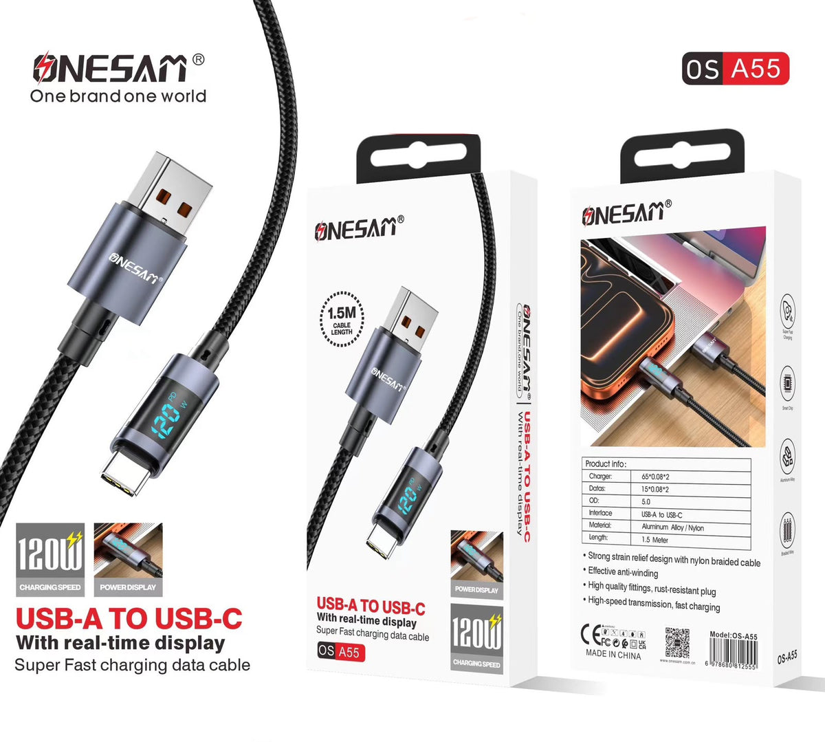 Onesam 120W USB-A to USB-C Fast Charging Cable with Digital Display A55