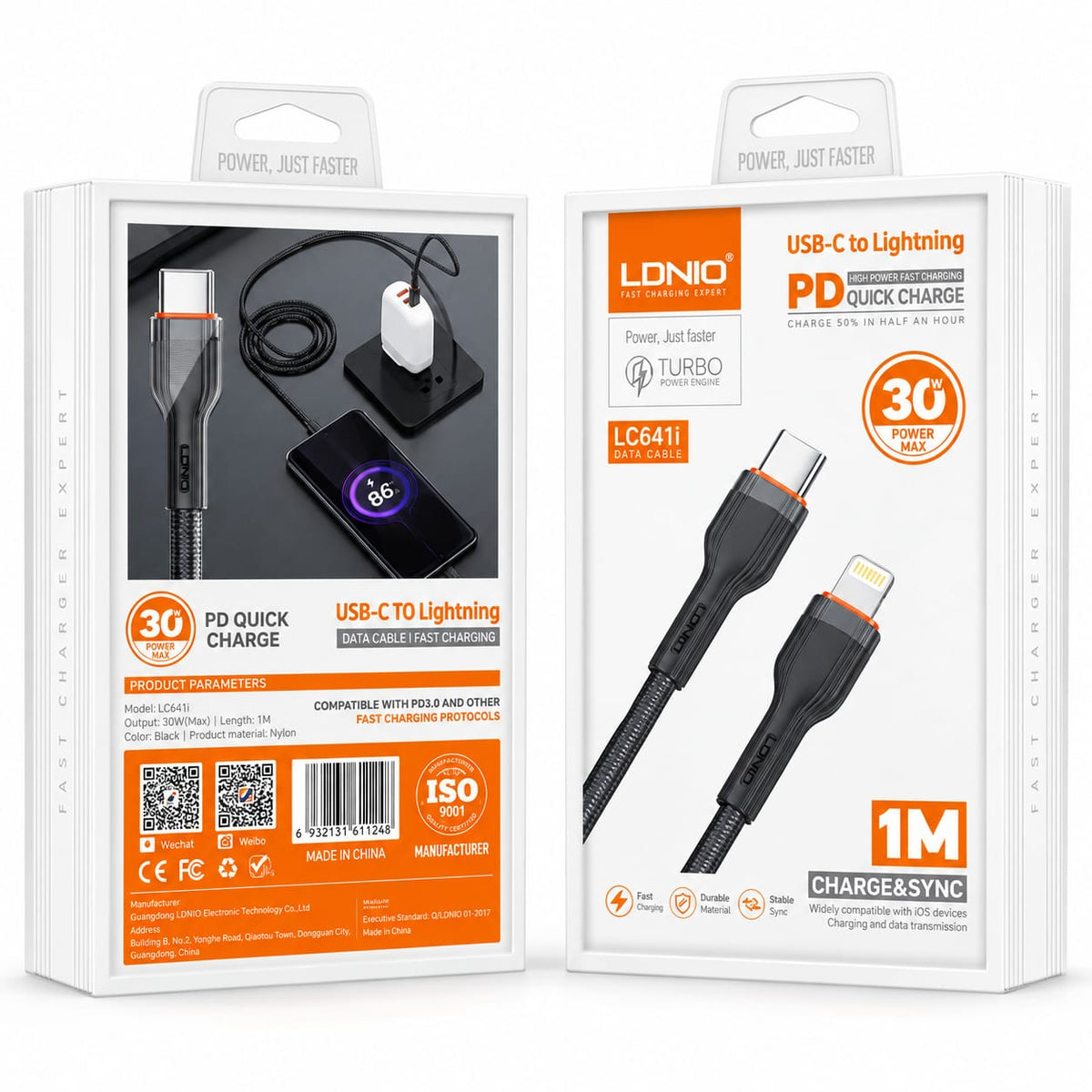 كابل شحن LC641i من LDNIO بقدرة 30 واط بمنفذ USB-C إلى Lightning