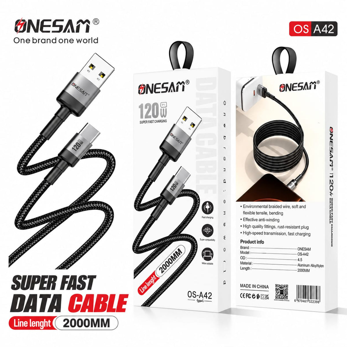 Onesam 120W Super Fast Charging USB-A to Type-C Data Cable 2 Meter A42