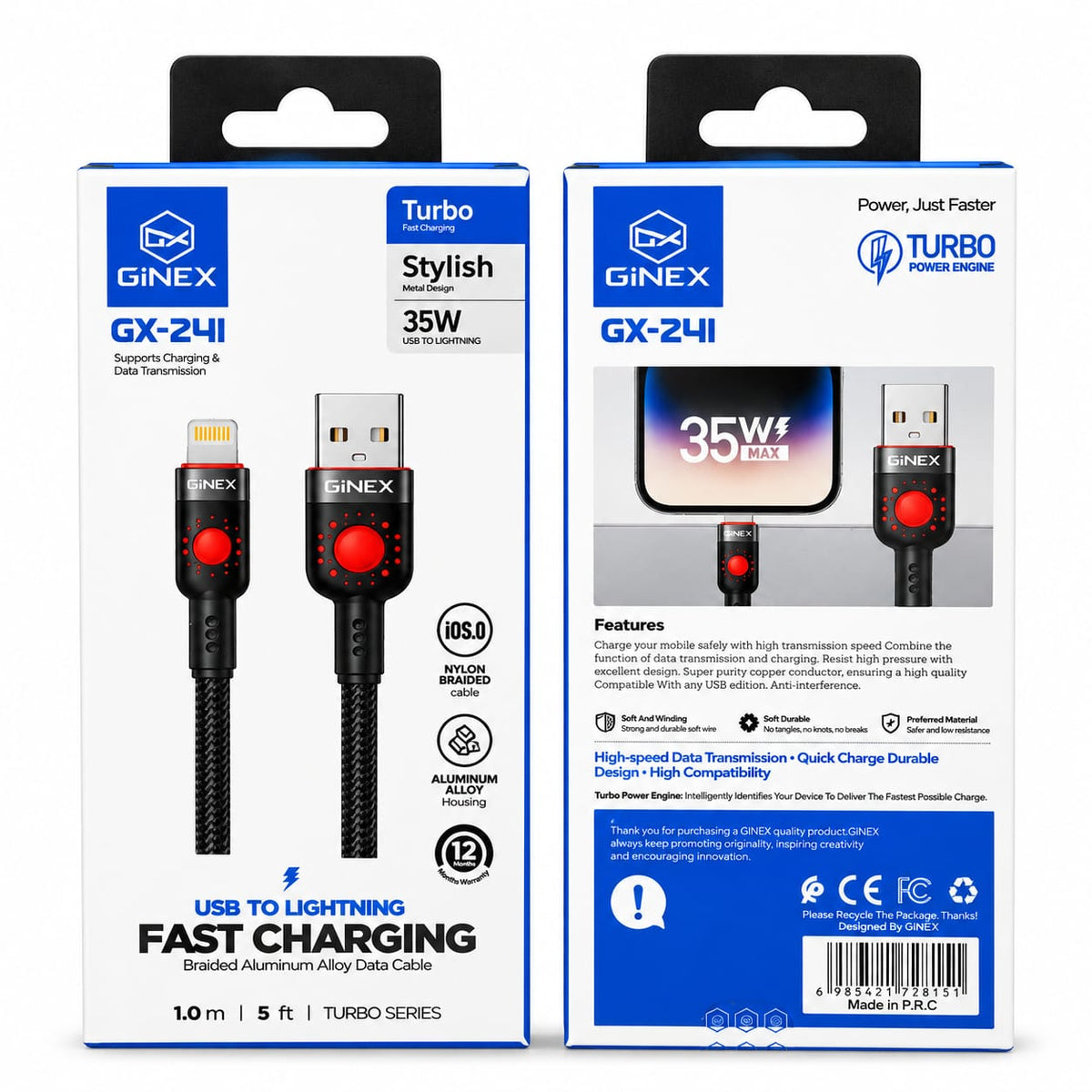 GiNEX USB to Lightning Cable 35W Fast Charging GX-24i