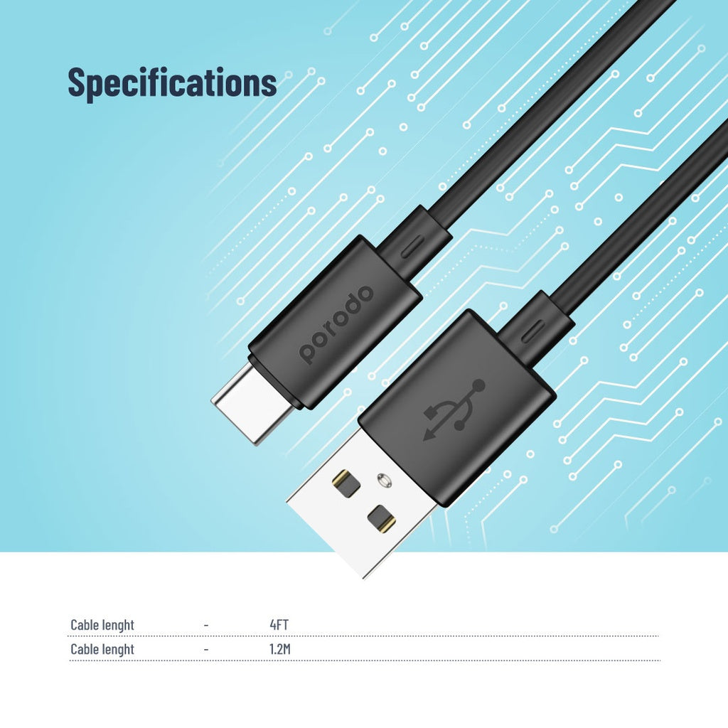 Porodo Blue 3A USB A to Type C PVC Cable 1.2M