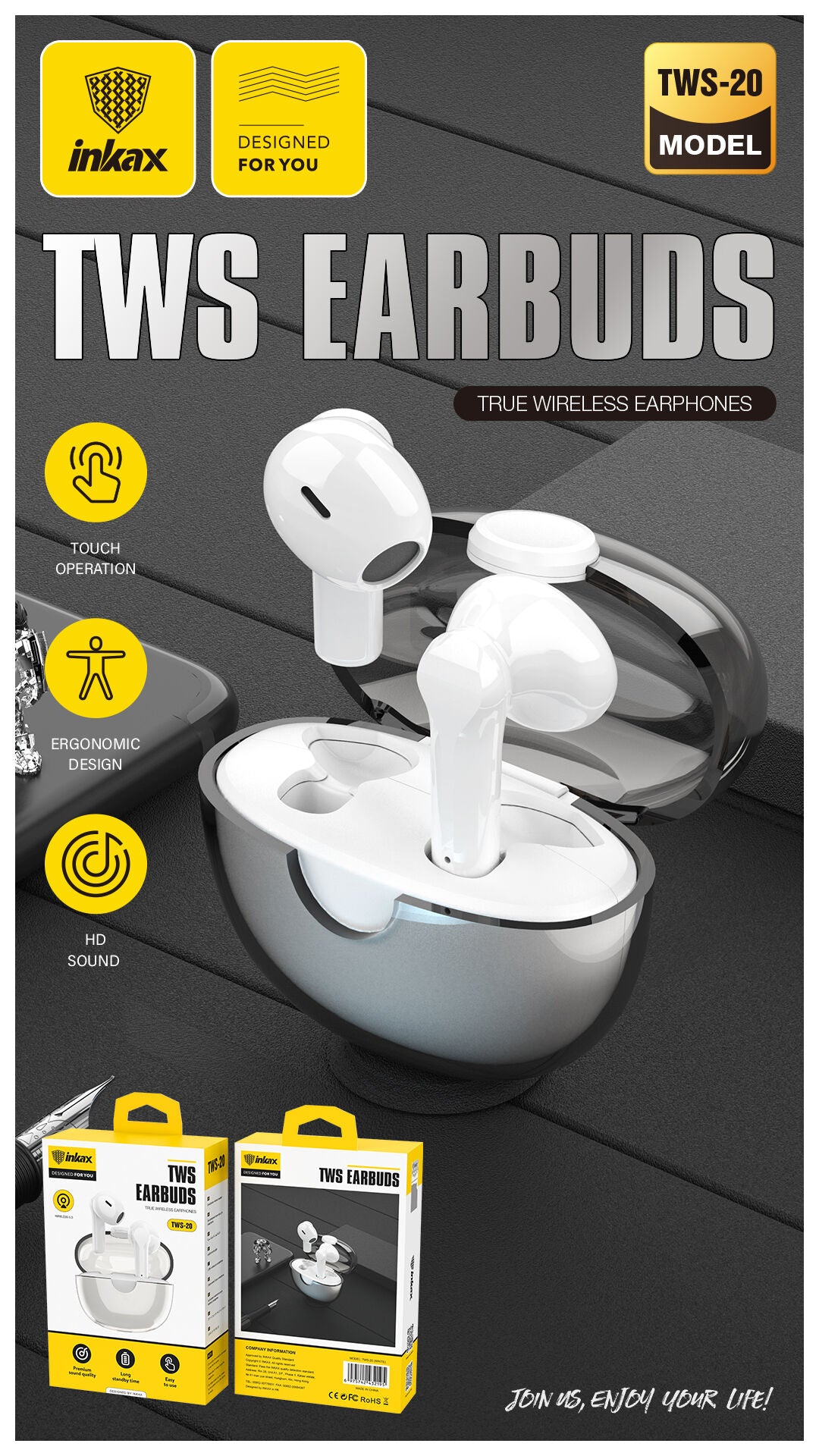 Inkax True Wireless Headset Earbuds - White